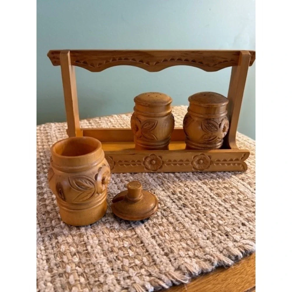 Vintage Hand Carved Wooden Condiments Set of 3 Carved Salt Pepper Caddy Tray